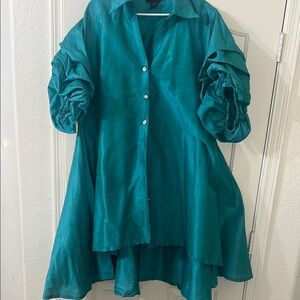 Teal Midi Dress with Ruched Sleeves